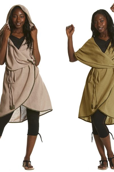 Sleeveless poncho with waist tie